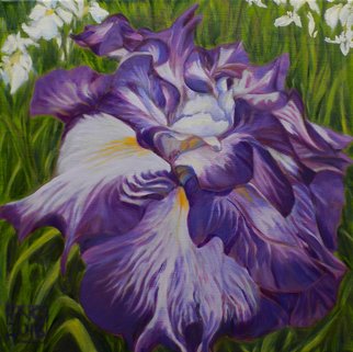 H. N. Chrysanthemum; Irises, 2018, Original Painting Oil, 14 x 14 inches. Artwork description: 241 original oil painting, purple, green, iris, flowers, floral...