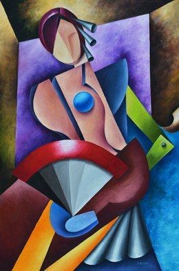 Irina Laskin; Lady With Fan, 2015, Original Painting Oil, 24 x 36 inches. Artwork description: 241      Fine art, cubism, women, shapes, eyes, mask, face, body, hair, portrait, shades, drapes     ...