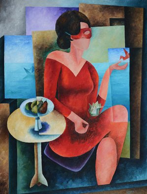 Irina Laskin; Mistique, 2015, Original Painting Oil, 30 x 40 inches. Artwork description: 241  Cubism, women, shapes, mask, table, frit, vase, colorful, shades, ...