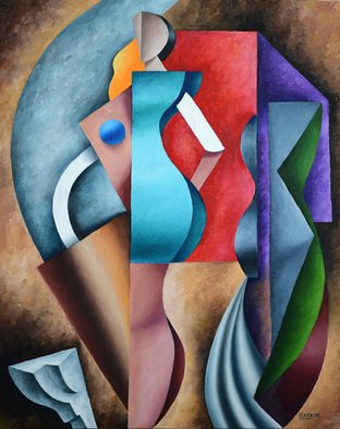 Irina Laskin; Segmentation, 2015, Original Painting Oil, 24 x 30 inches. Artwork description: 241    Cubism, women, shapes, architectural detail colorful, shades, drapes,   ...