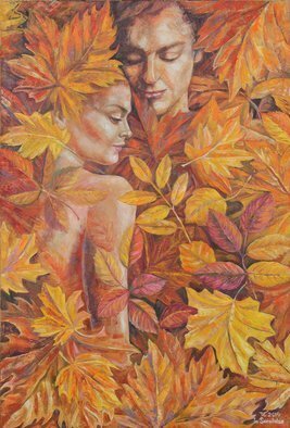 Ia Saralidze; Autumn For A Two, 2014, Original Painting Oil, 42 x 72 cm. Artwork description: 241 Autumn, love, he and she, leaves, abstraction...