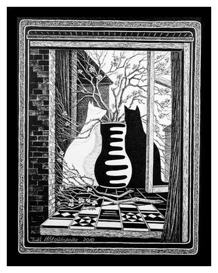 Irina Maiboroda, 'From a triptych Silhouett...', 2009, original Painting Acrylic, 40 x 50  x 0.5 cm. Artwork description: 2793 cat, cats, acrylic, surreal, imagination, black, white, triptych, silhouette...