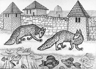 Irina Maiboroda, 'The Animals', 2015, original Drawing Ink, 42 x 30  x 0.2 cm. Artwork description: 2103     abstract, impression, fairy- tail, black- wait, animals, imaginary, city- wall, water, fairy- tale             ...
