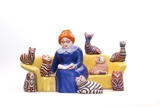 Irina Maiboroda, 'Reading Lady And Her Cats', 2015, original Sculpture Ceramic, 25 x 15  x 10 cm. Artwork description: 1758 funny, retro, reading, sculpture, cats, book,ceramic, polymeric clay...