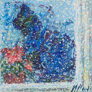 Irina Maiboroda, 'Waiting For The Summer', 2017, original Mixed Media, 13 x 13  x 0.3 cm. Artwork description: 1758 winter, new year eve, snow, cat, window, frost, flower, snowing,  impressionism ...