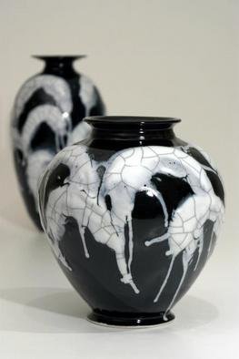Ivar Mackay; Creatures Of The Deep, 2005, Original Ceramics Wheel, 30 x 23 cm. Artwork description: 241 Two Vases. Deep tenmoku glaze heavily splashed with large- crackle celadon. Hand- thrown and turned studio porcelain( dimensions given for foreground piece only)	...