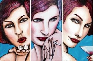 Janet Allinger; Vices Circa 1940  Triptych, 2004, Original Painting Acrylic, 72 x 48 inches. Artwork description: 241 Gambling, smoking & drinking make up this 3 panel piece.  each painting is 24x48...
