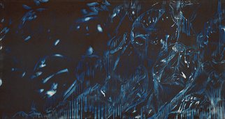 Jason Stern; Bubble Wrap, 2016, Original Printmaking Woodcut, 28 x 15 inches. Artwork description: 241  An abstract single layer wood cut printed over a corresponding cyanotype of the same source image. ...