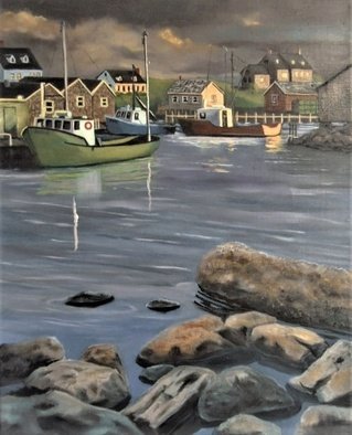Janet Glatz; Nova Scotia Dawn, 2020, Original Painting Oil, 16 x 20 inches. Artwork description: 241 A fishing village in Nova Scotia awakens to dawn light that shines on many lobster and fishing boats in the harbor. ...