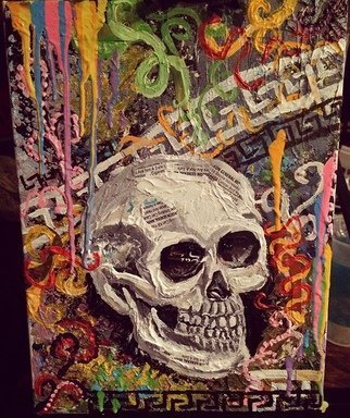 Jamie Boyatsis; Afterlife, 2018, Original Mixed Media, 18 x 24 inches. Artwork description: 241 Using only materials that have been recycled, the canvas, oil and acrylic paint, cigar and cigarette wrappers all have found their afterlife in the artwork, while the content of a skull and tobacco products hinting at the potential cause of someoneaEURtms afterlife ...