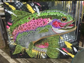 Jamie Boyatsis; Rainbow Trout, 2020, Original Mixed Media, 5 x 4 inches. Artwork description: 241 Used acrylic, spray paint and wall spackle with an acrylic pour technique. ...