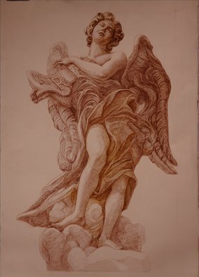 Judith Fritchman; Angel Of The Superscription, 2009, Original Drawing Pencil, 22 x 27 inches. Artwork description: 241  Sepia Conte Pencil drawing of sculpture by Gianforenzo Bernini, Ponte Sante Angelo, Rome ...