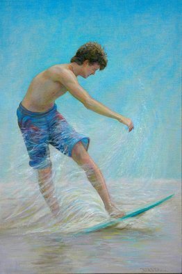Judith Fritchman; Eighteenth Summer, 2011, Original Painting Oil, 24 x 36 inches. Artwork description: 241   A long, golden afternoon at the beach for an eighteen year old. . . a perfect time to master the art of skimming in the surf.Oil on linen ...