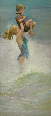 Judith Fritchman; Rise, 2014, Original Painting Oil, 16 x 36 inches. Artwork description: 241          Young girl lifts a delighted child up from the waves.       ...
