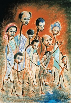 Johney Ohene; Libation, 1982, Original Printmaking Giclee, 10 x 13 inches. Artwork description: 241  A traditional Ghanaian Akan scene.  The head of the family leads in prayer by pouring water or alcohol to the groundsymbolising link with the fore- fathers. ...