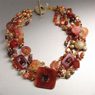 John Brana; Carnelian Necklace, 2008, Original Jewelry,   inches. Artwork description: 241  Make a striking fashion statement by draping yourself in pure luxury with this hand- carved Carnelian necklace. Multicolor variations, shapes, and textures of Carnelian are further enhanced by Gold Freshwater Pearls and 22K Gold Vermeil beads. 20 inches in length. ...