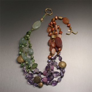 John Brana; Tropical Garden Necklace, 2008, Original Jewelry,   inches. Artwork description: 241  Indulge in the succulence of this elegant Tropical Garden necklace. Peridot nuggets, Champagne Quartz, Yellow and Lavender Jade, Freshwater Pearls, Amber, and Ametrine nuggets complete the look beautifully. Accented with 22K Gold Vermeil beads and 21 inches in length. ...