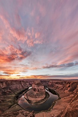 Jon Glaser; 180 Degrees Of Sunset, 2016, Original Photography Color, 38 x 56 inches. Artwork description: 241 Horseshoe Bend is portion of the Colorado river just outside of the town of Page in Arizona. The color of the rocks, cliffs and sand will change thoughout the day depending upon where the sun is located in the sky. In the distance are the Paria Plateau ...