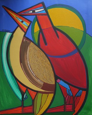 Jose Miguel Perez Hernandez; Copulation, 2009, Original Painting Acrylic, 96 x 120 cm. Artwork description: 241 Description Beautiful work where the mating of the male with the female becomes a poetic scene. See the rich structure of the work where color and composition emphasize its conceptual load.keywords color, bird, sun, copulation...