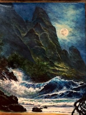 Joseph Porus; Maui Moon, 2017, Original Painting Oil, 24 x 18 inches. Artwork description: 241 Paradise of Maui Inspired by Tobora works.  Great moonlight in cliffs and surf...