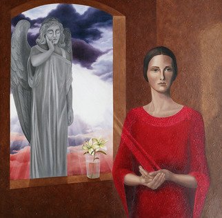 Judyta Bil; Kecharitomene, 2007, Original Painting Oil, 48 x 48 inches. Artwork description: 241  Painted in oil over a textured surface. Symbolic religious theme of annunciation. Kecharitomene means Full of Grace - the words the Angel Gabriel spoke to Virgin Mary. For more details contact me as I have close- ups of this painting. Protective coat that has a sheen would not ...