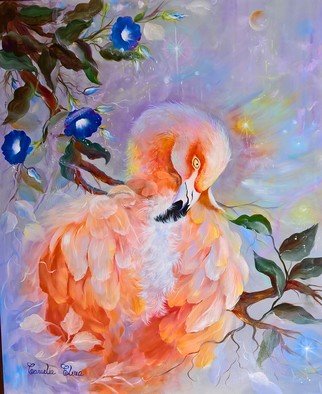 Amara  Hellen ; Pink Flamingo And Blue Flowers, 2017, Original Painting Oil, 50 x 60 cm. Artwork description: 241 oil painting made in 2017on canvas fine grained, cotton. ...