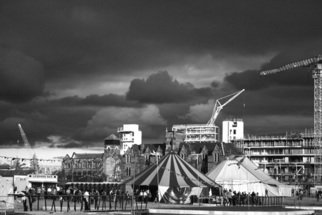Karen Morecroft; Big Top, 2007, Original Photography Black and White, 12 x 8 inches. Artwork description: 241  Big Top tents against the stormy skies of New Islington, Manchester. Taken during the Urban Folk festival.  ...