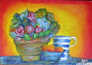 Kay Liebenberg; Sunrise Of Flowers, 2015, Original Painting Acrylic, 47 x 33 cm. Artwork description: 241  Flowers, Sun, Sunrise, Warm, Rose, Bowl, Fruit, Still Life, Sunny, Red, Blue, Jug, Blue and white, beautiful, expressive, expressionistic, Impressionism  ...