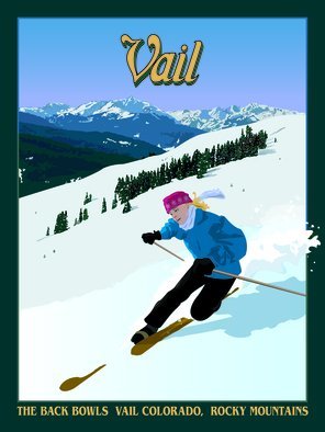 Steve Kiene; Vail Poster, 2015, Original Digital Drawing, 18 x 24 inches. Artwork description: 241  Ski Skiing Telemark Mountains Vail Colorado Back Bowles Holy Cross Snow Girl Blonde Tele      ...