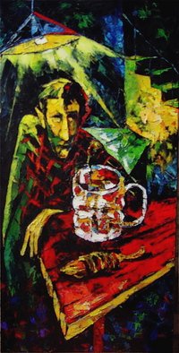 Keren Gorzhaltsan; A Beer Drinker, 2008, Original Painting Oil, 18 x 36 inches. 