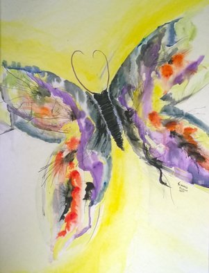 Kimmie Hamm; Beautiful Flight, 2014, Original Watercolor, 16 x 20 inches. Artwork description: 241  Butterfly in flight. bright colors purple blue yellow ...