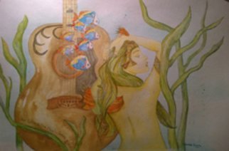 Kimmie Hamm; Go Where Music Takes You, 2016, Original Watercolor, 18 x 24 inches. Artwork description: 241  Classic Gutiar, Mermaid' s, fish, underwater....