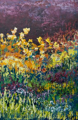 Karin Neuvirth; Twilight Garden, 2014, Original Painting Acrylic, 24 x 36 inches. Artwork description: 241   Abstract floral acrylic painting done with a palette knife.  Dark Sky, Golden flowers, Vibrant colors, on Canvas. ...