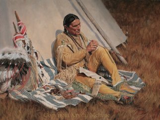 Krystii Melaine; Carving Lightning, 2007, Original Painting Oil, 40 x 30 inches. Artwork description: 241  A Native American sitting outside his tipi, carving lightning bolts onto the shafts of his arrows, so that they will fly with the speed and power of lightning. ...