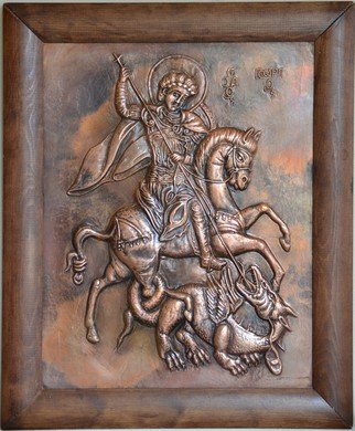 Charalambos  Lambrou; Saint George , 2012, Original Sculpture Other, 50 x 61 cm. Artwork description: 241  A Vintage handmade artwork of copper presented Saint George. Technique: Repousse in copper sheet50* 61 centimeters included wood frame.St. George was a great miracle worker and martyr lived in the latter part of the third century A. D. , during Diocletian' s rule of the Roman ...