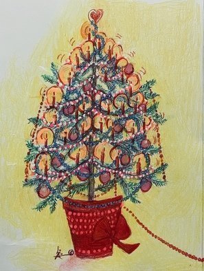 Luise Andersen, 'Seasons Greetings Artcard 1', 2019, original Drawing Other, 9 x 12  inches. Artwork description: 3099 December 2,2019-  i started off with this needle tree. . shaped it with loving details in bell form , topped with a heart . . multiple layers of colors too:  . . needles by themselves hold minimum of three hues in green. . and yes, 10+ hrs. beads in lower right continue to ...