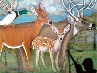 Rita Levinsohn; Killing Field, 2007, Original Painting Acrylic, 40 x 30 inches. Artwork description: 241  Painting depicts a peaceful family of deer wandering in a forest unaware of a hunter.  ...