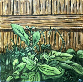Leslie Abraham; Bugs Eye View, 2020, Original Painting Oil, 10 x 10 inches. Artwork description: 241 oil painting of weeds and plants along the bottom of a backyard fence, titled Bugs Eye View to represent the low- to- ground perspective...