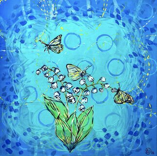 Leslie Abraham; Lily Of The Valley, 2021, Original Painting Acrylic, 18 x 18 inches. Artwork description: 241 an abstract  impressionist  graphic painting of butterflies surrounding a flowering Lily of the Valley plant...