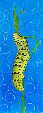 Leslie Abraham; Swallowtail Caterpillar, 2023, Original Painting Oil, 11 x 29 inches. Artwork description: 241 detailed palette knife painting of a swallowtail caterpillar. background is acrylic and caterpillar is oil paint...