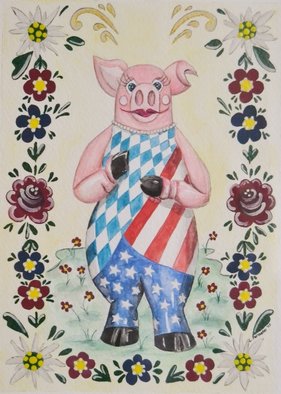 Lisa Parmeter; German American Schwein Mascot, 2007, Original Watercolor, 4 x 6 inches. Artwork description: 241  Bavarian and American Flag wrapped around the Schweinfurt, Germany mascot.     ...