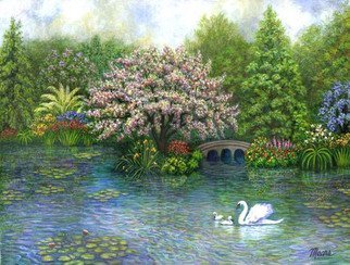 Linda Mears; SWAN LAKE, 2018, Original Painting Oil, 40 x 30 inches. Artwork description: 241 Linda Mears, professional listed fine artis, oil painting of swan lake, garden landscape with lake and swans...