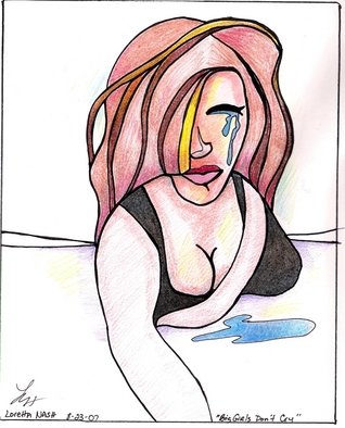 Loretta Nash; Big Girls Do Not Cry, 2007, Original Drawing Marker, 8 x 10 inches. Artwork description: 241  comic drawing of a big girl crawling towards the viewer with tear in her eye.  the tear has puddled in front of her. ...
