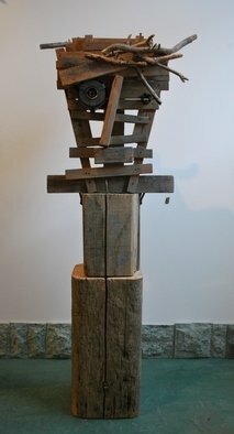 Louise Parenteau; X, 2007, Original Sculpture Mixed,  162 cm. Artwork description: 241       Scrap material: Wood, metal, cloth, found objects.    Scrap material:wood, metal, leather, found objects      ...
