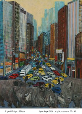 Lynn Rupe; EXPECT DELAYS   RHINOS, 2004, Original Painting Acrylic, 43 x 53 inches. Artwork description: 241  Please see my website: LynnRupe. com for a statement on this painting ...