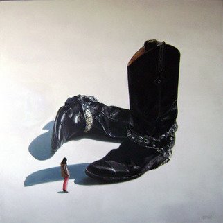 Camilo Lucarini; Boots With Woman, 2008, Original Painting Oil, 120 x 120 cm. Artwork description: 241   A pair of oversized used black boots with silver chains and a woman looking at them. ...