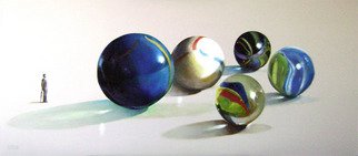 Camilo Lucarini; Glass Balls With Man, 2008, Original Painting Oil, 167 x 80 cm. Artwork description: 241   Group of oversized glass balls and a man looking at them ...