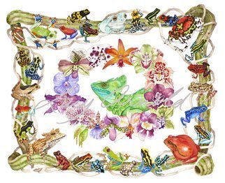 Lucy Arnold; Basilisk, Orchids, Frogs, 2010, Original Watercolor, 40 x 32 inches. Artwork description: 241  Basilisk lizard, orchids, frogs, poison dart frogs, poison arrow frogs, jungle, tropical, animals, nature ...