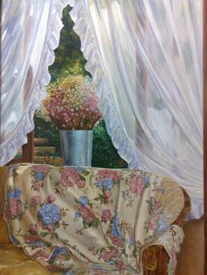 Luiz Henrique Azevedo; Itaipava, 2006, Original Painting Oil, 40 x 60 cm. Artwork description: 241 The pleasure of life in a special season of a special year.  A visit to Itaipava house and the beauty of the flowers in the window and in the quilt while the afternoon pass. ...