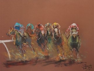 Tom Lund-Lack; Energy 26, 2019, Original Pastel, 50 x 70 cm. Artwork description: 241 Harder to do than they look, no mistakes allowed.  In this series of pastels the title reflects the energy of the sport of horse racing and the execution of the piece.  The support is 300GSM Mi Teintes pastel paper. ...